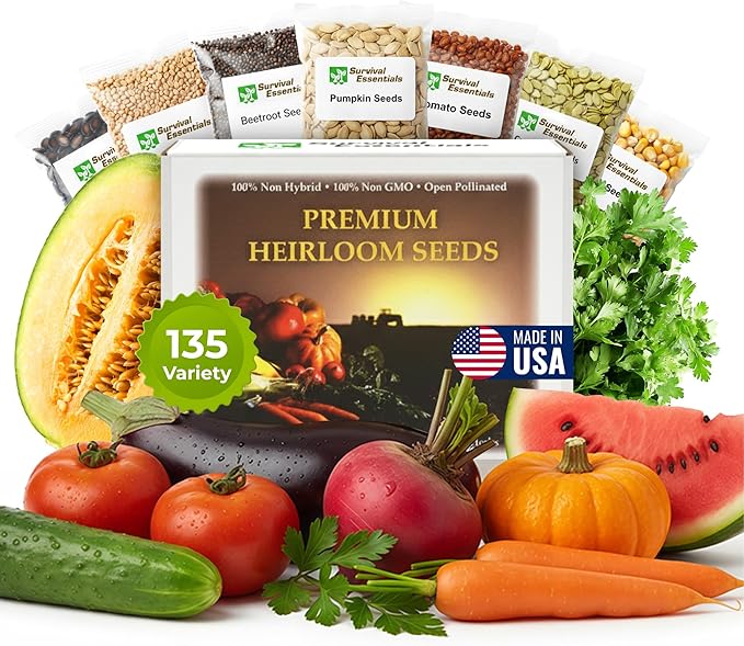 Heirloom Seeds for Planting Vegetables and Fruits - Survival Essentials 135 Variety Seed Vault - Medicinal Herb Seeds - Grow Healthy Non-GMO Food