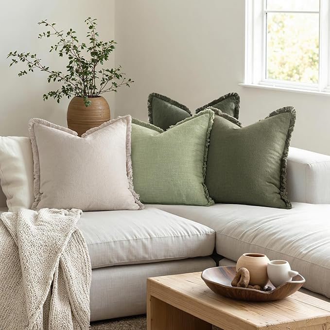 MIULEE Christmas Decorative Couch Pillow Covers Neutral Linen Fringe Throw Pillows Set of 4 Boho Farmhouse Accent Cushions for Bed Sofa Living Room Spring Home Decor 18x18 Inch Beige/Sage Green