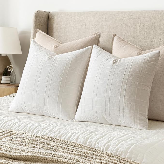 MIULEE Decorative Linen Check Euro Shams Throw Pillow Covers Neutral Farmhouse Vintage Christmas Pillow Covers 24x24 Set of 2 Boho Modern Home Decor for Sofa Couch Bedroom Cushion Cream White