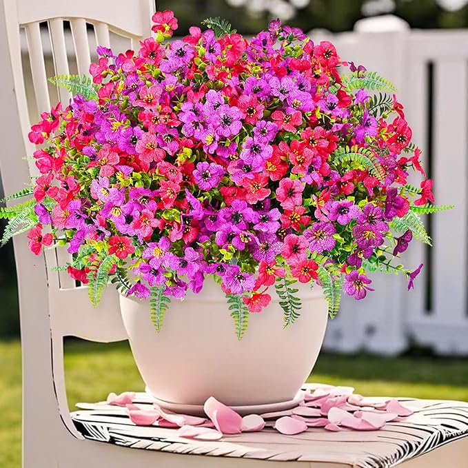 Artificial Faux Plants Flowers Outdoor Decoration,16 Bundles Fake Silk Colorful Daisy Eucalyptus Realistic UV Resistant for Outside Home Planter Porch Patio Yard Decor (Purple Red)