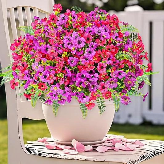 Artificial Faux Plants Flowers Outdoor Decoration,16 Bundles Fake Silk Colorful Daisy Eucalyptus Realistic UV Resistant for Outside Home Planter Porch Patio Yard Decor (Purple Red)