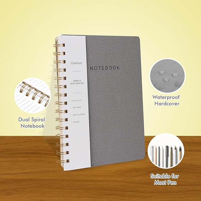 Lined Spiral Notebook College Ruled A5 Journal Book for Note Taking, 160 Pages Writing Journal for Office and Home School Supplies 5.75x8.125 inch (3pack-ReefBlue/Grey/Black)