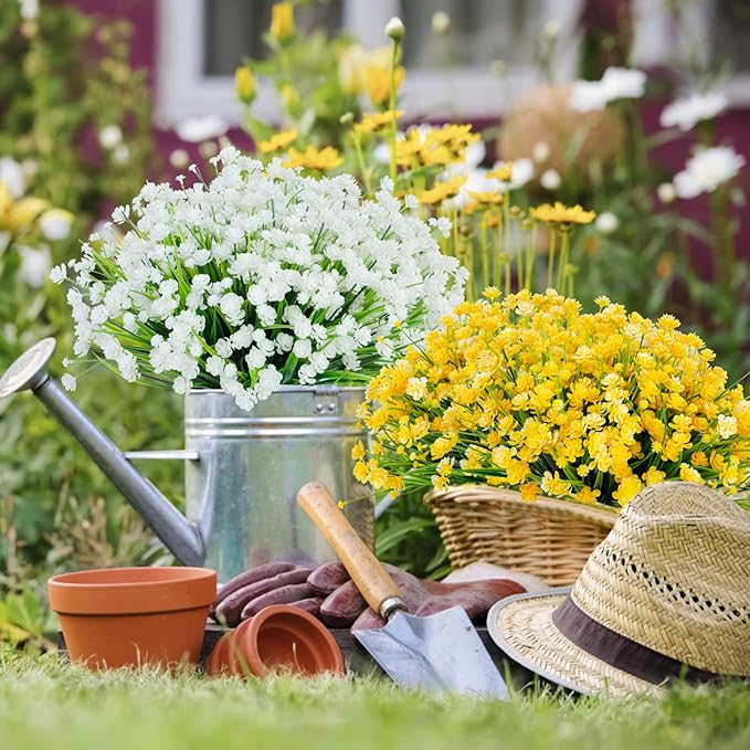 Ouddy Decor 24 Bundles Artificial Flowers for Outdoors UV Resistant Fake Plastic Plants Faux Boston Fern Greenery Stems for Spring Summer Indoor Garden Patio Window Box Kitchen Home Decor, Yellow