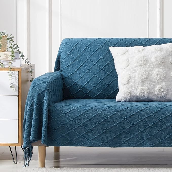 BOURINA Royal Blue Throw Blanket 50 x90 Inches Throw Textured Solid Soft Sofa Throw Couch Cover Knitted Decorative Blanket