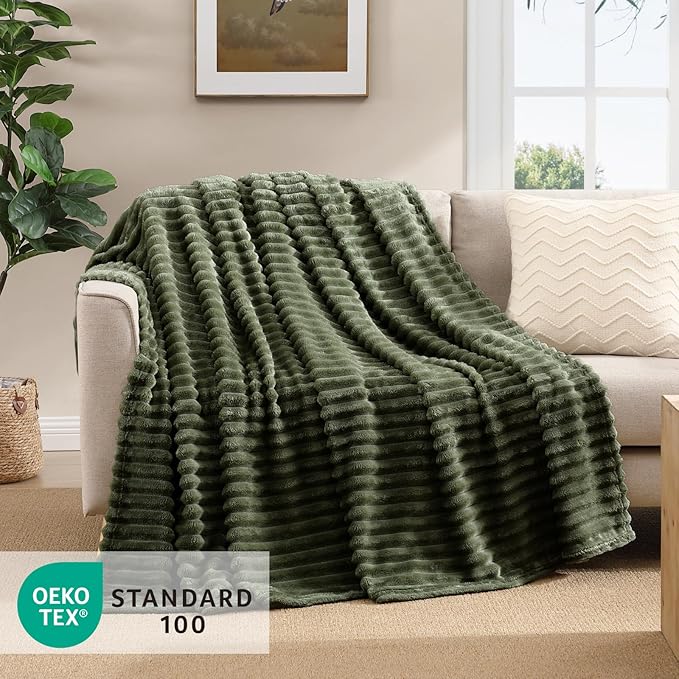 Geniospin Throw Blanket for Couch, Bed, Sofa – 280GSM Super Soft Lightweight Blanket with Stripe, 3D Ribbed Jacquard Blanket, Plush Fuzzy Cozy Throws, Warm and Breathable (Olive Green, 50x60 inches)