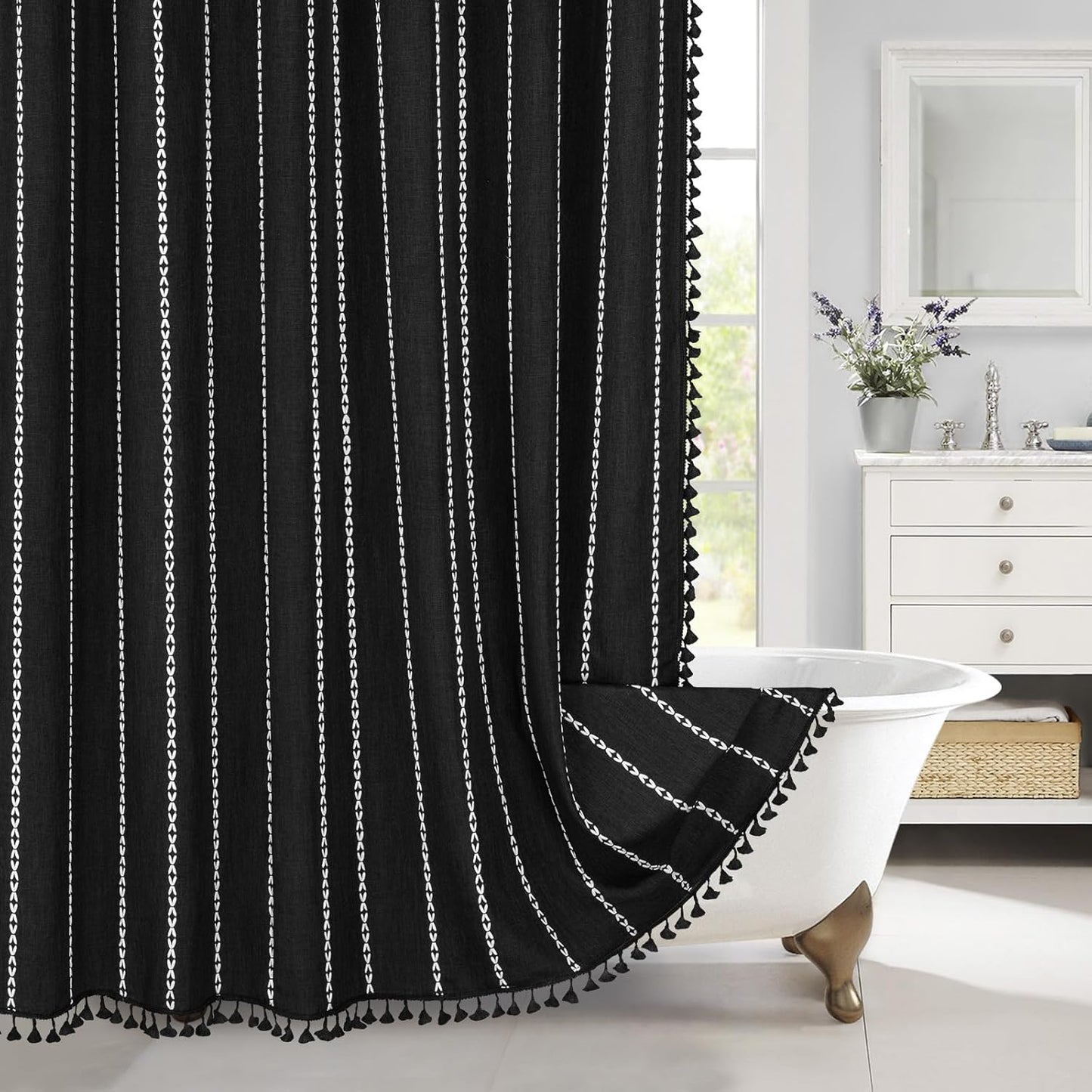 MitoVilla Boho Extra Long Shower Curtain 72 x 84, Black 84 inch XL Polyester Linen Tassel Fabric Shower Curtain Set with Hooks for Vintage Country Farmhouse Bathroom Decor, Thick & Wrinkle Resistant