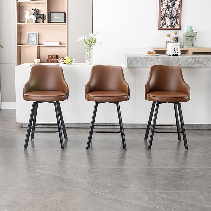 Bar Stools Set of 4, 26" Swivel Counter Height Bar Stools with High Back, Faux Leather Kitchen Barstools Counter Height for Kitchen Island (Dark Brown, 4PCS 26" Counter Stools)