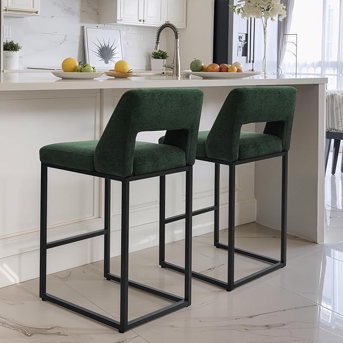 Counter Height Bar Stools Set of 2 for Kitchen Counter Modern Bar Chairs with Backs for Kitchen Island with Upholstered Fabric Seat and Metal Frame, Green, 26 Inch