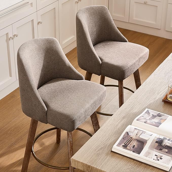 IWOOD Mid Century Modern Counter Height Bar Stools Set of 2,360° Swivel Barstools with Solid Wood Legs,26'' Island Chairs with Wrap-Around Backrest,Grey Linen Comfort Fabric