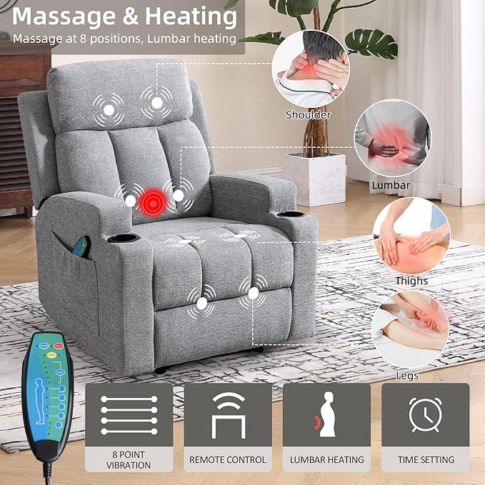 Phoenix Home Manual Recliner Chair Set of 2 with Massage and Heat, Ergonomic Overstuffed Breathable Fabric Recliner Single Sofa Seat with 2 Cup Holders, Living Room Lounge Recliners on Clearance, Gray