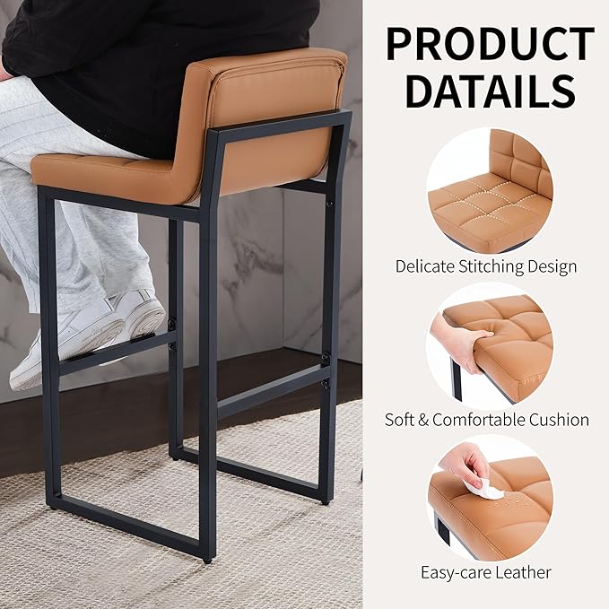 Bar Stools Set of 4, Upholstered Bar Height Barstools with Back and Thickened Metal Frame, Modern 30-inch Tall Bar Chairs for Kitchen Island, Bar, Counter (Caramel Brown, 4Pcs 30" Bar Stools)