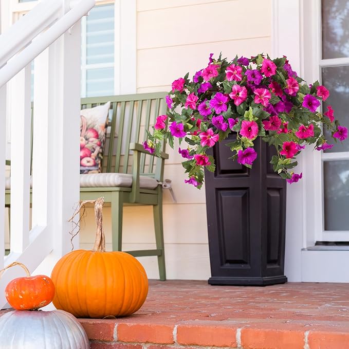 Artificial Faux Flowers Planter for Outdoor Decoration, 2PCS Fake Silk Petunias Flowers, No Fade UV Resistant Flower for Outside Garden Porch Yard Balcony Patio Realistic Indoor Decor(Fuchsia)