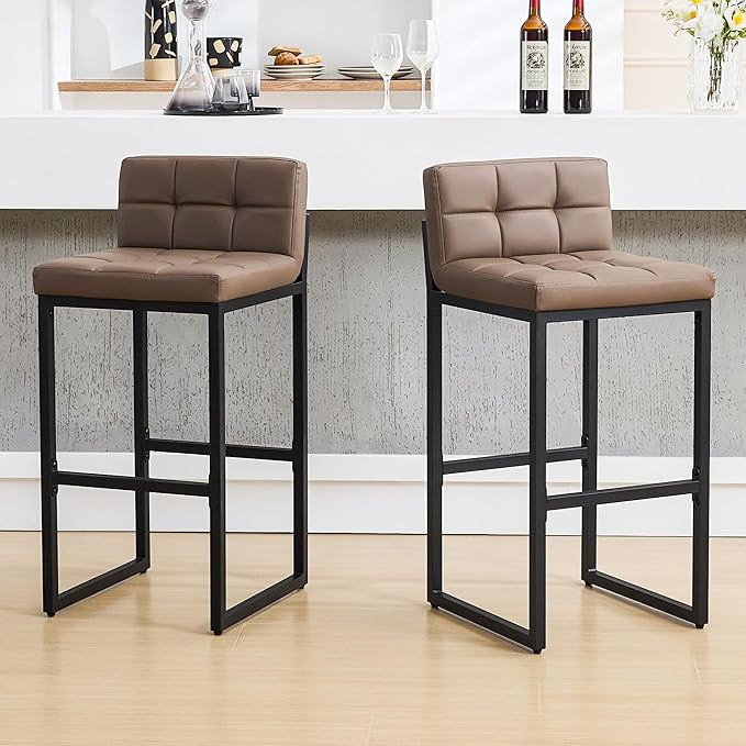 Set of 2 Barstools, Counter Height Bar Stools with Back, Faux Leather, Thickened Metal Legs, 30-inch Island Chairs for Kitchen Island, Bar, Counter (Coffee Brown, 2Pcs 30" Bar Stools)