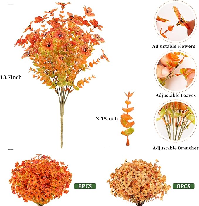 AmyHomie 16 Bundles Artificial Fall Yellow Orange Flowers with Eucalyptus UV Resistant Fake Mums, No Fade – Outdoor Fall Decor for Garden, Porch, Window