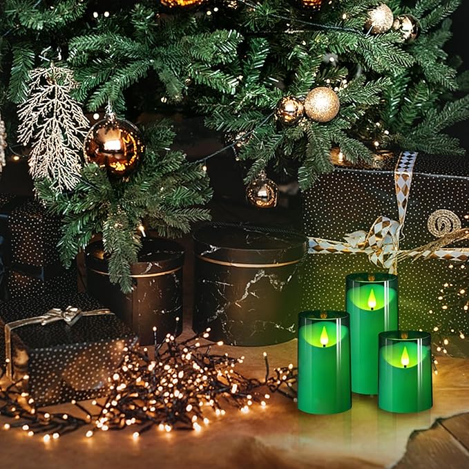 NURADA Flameless Candles: 3D Wick Battery Operated LED Pillar Acrylic Fake Candles with Remote and Timer for St. Patrick's Day Home Holiday Christmas Party Table Decor - 3 Pack Green
