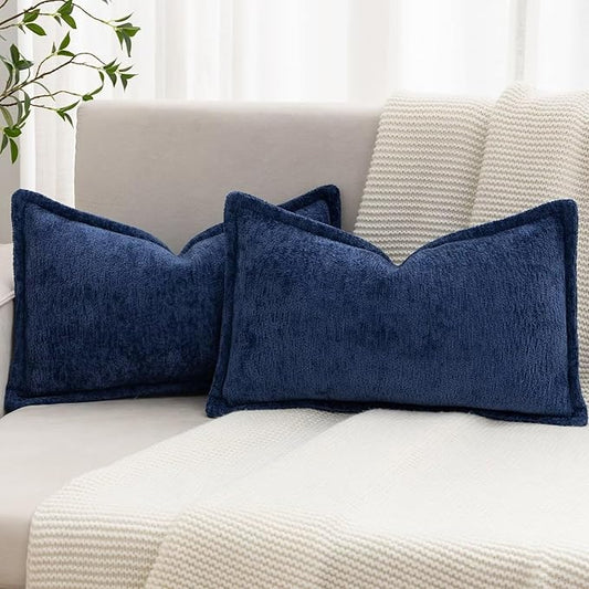Navy Blue Decorative Throw Pillow Covers 12x20 Inch Set of 2 Cozy Soild Chenille Cushion Cases Soft Textured Lumbar Couch Pillows Cover Boho Accent Farmhouse Pillowcases for Sofa Bed