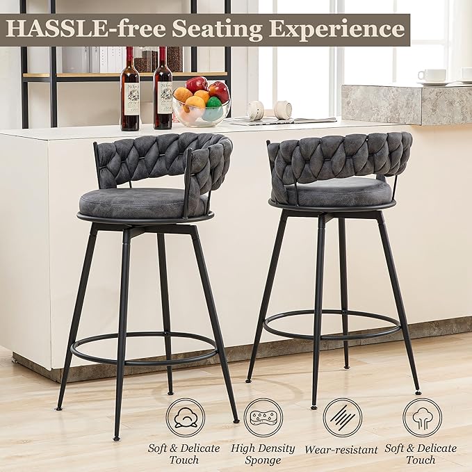 Grey Bar Stools Set of 3, 28 Inch Counter Height Bar Stool with Metal Legs, 360° Swivel Barstools with Woven Back Leather Upholstered, Modern Chair for Kitchen Island, Cafe