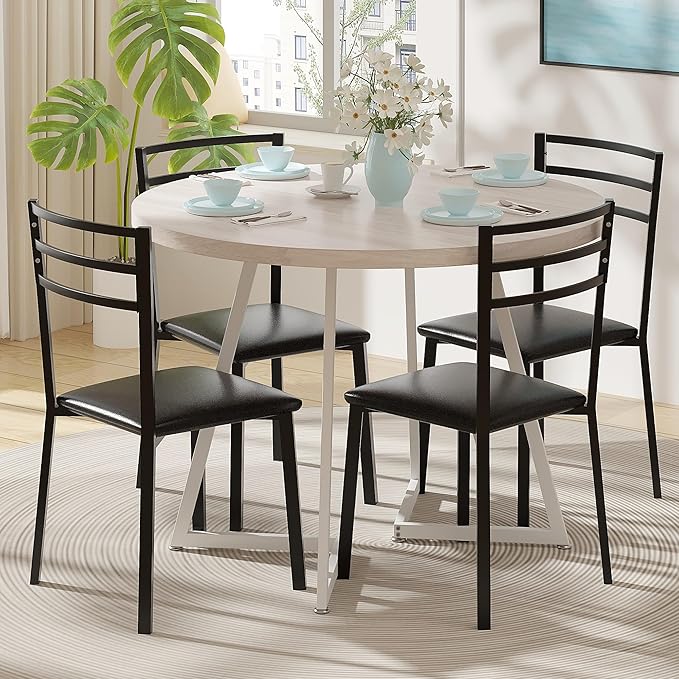 VECELO 35" Round Dining Table for 4, Wood-Grain Tabletop & Heavy-Duty Steel Frame, for Kitchen, Living Room, Easy Assembly, Natural & White
