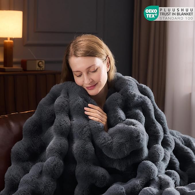 Faux Fur Throw Blanket for Couch, Fluffy Fuzzy Plush Bubble Blanket, Soft Warm Cozy Shaggy Rabbit Blanket, Luxury Decorative Gifts for Sofa Bedroom Living Room, 60x50inch (Grey)