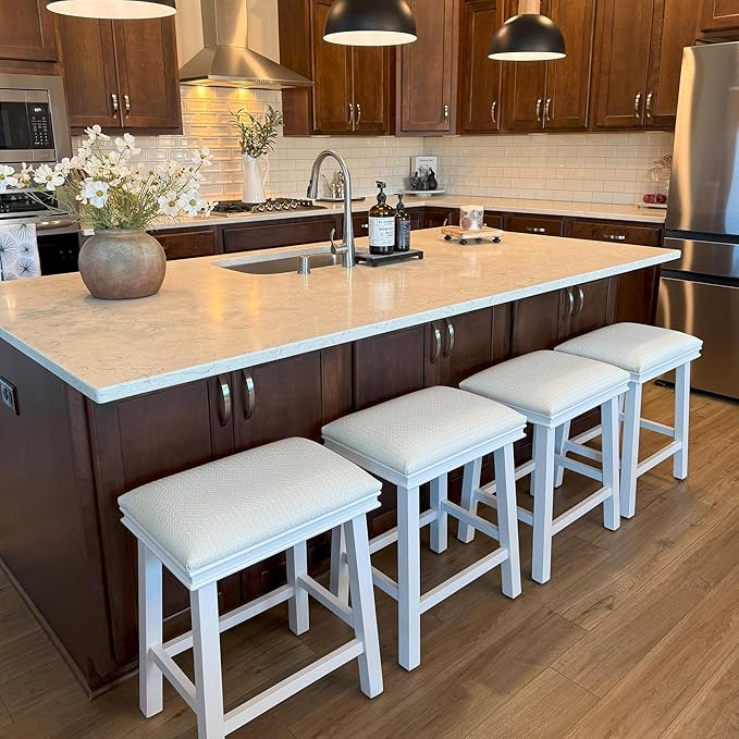 PHI VILLA White Bar Stools Set of 4 - Solid Wood Legs Counter Height Barstools, 24 inch Kitchen Counter Island Stools