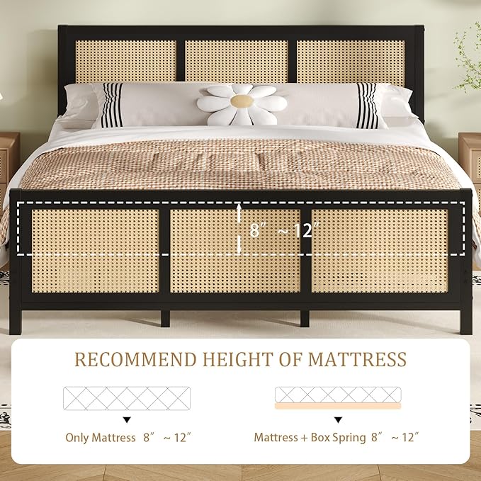 Rattan Bed Frame Queen, Boho Queen Bed Frames with Headboard, Metal Platform Bed Frame Queen Size with Strong Slats Support, No Box Spring Needed, Noise Free, Easy Assembly, Black