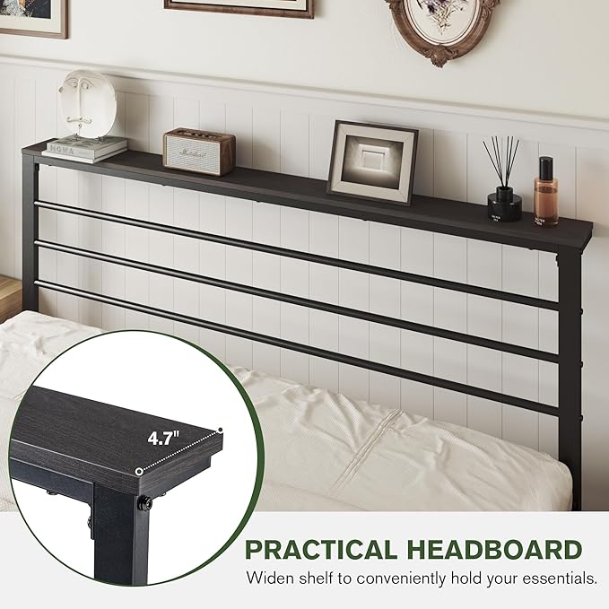 MUTICOR Heavy-Duty King Metal Platform Bed Frame with Shelf Headboard, No Box Spring Needed, Easy Assembly, Black Shelf