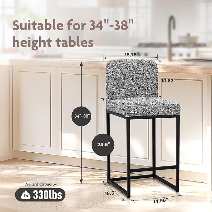 ALPHA HOME 24" Bar Stools Set of 2 Kitchen Counter Stools with Back, Counter Height Stools with Upholstered Footrest for Kitchen Island, Metal Steel Frame, Chenille, Gray