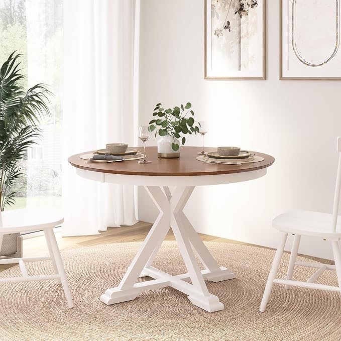 Bush Furniture Round Dining Table, 45 inch Trestle Design, Modern Transitional, West End Collection, Dark Brown and White