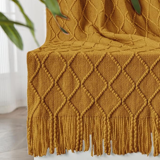 inhand Knitted Fall Throw Blanket for Couch and Bed, Knit Fall Decor Halloween Blanket with Tassel, Brown Lightweight Decorative Farmhouse Warm Woven Blankets and Throws for Women, 50"x60"