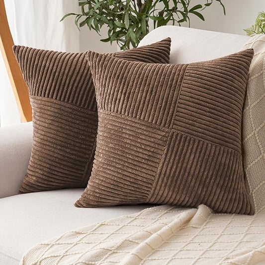 Decorative Throw Pillow Covers 20x20 Inch Set of 2 for Boho Living Room Farmhouse Home Decor, Spring Pillow Covers for Couch Bed, Soft Corduroy Striped Patchwork Cushion Cases, Terracotta