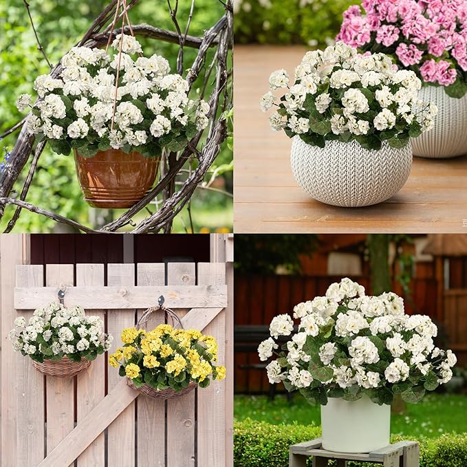 Plastic Flowers for Outdoors Home Decor Fake Plants Artificial Flowers Artificial Geraniums Outdoor Fake Flowers Silk Bouquet, Fall Decor for Interior Porch Garden Decor 14.4" (White) 8PCS
