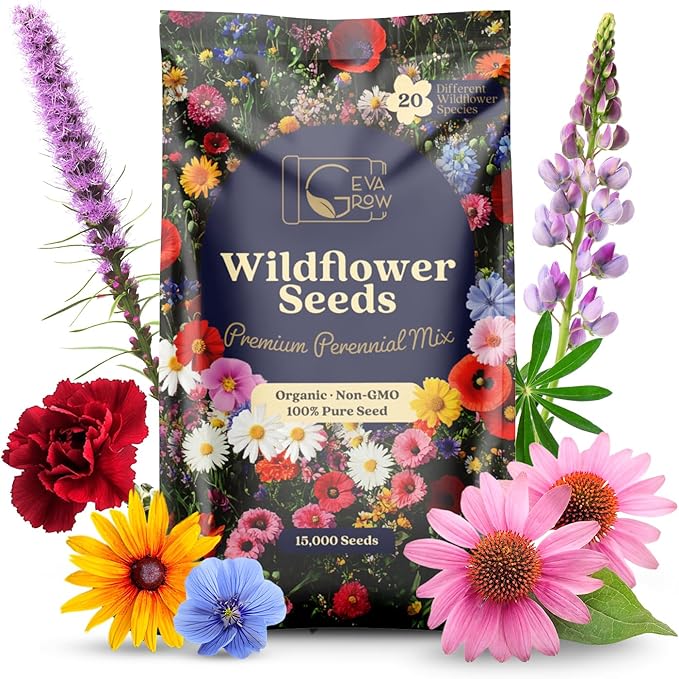 Perennial Wildflower Seeds – GevaGrow 1oz Packet Covers 100 Sq Ft | 20 Species of Non-GMO, Organic Flowers | High Germination, Pure Seed Mix for Outdoor Planting, Gardens, Pollinators & Bees