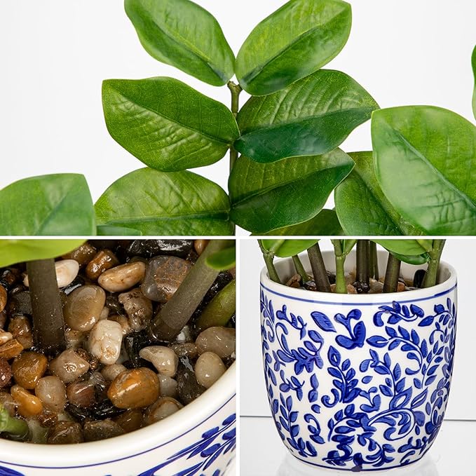 Briful Faux Plants Indoor 11.8in Fake ZZ Silk Plant in Blue and White Ceramic Pot Realistic Artificial Tropical Plant for Home Office Room Kitchen Shelf Decor