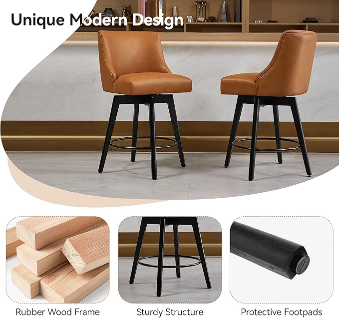 Vipbear Counter Height Bar Stools Set of 4, 26" H Swivel Bar Stools with Backs, PU Leather Upholstered Bar Chairs with Solid Wood Legs for Kitchen Island, Dining Room, Home Bar, Brown