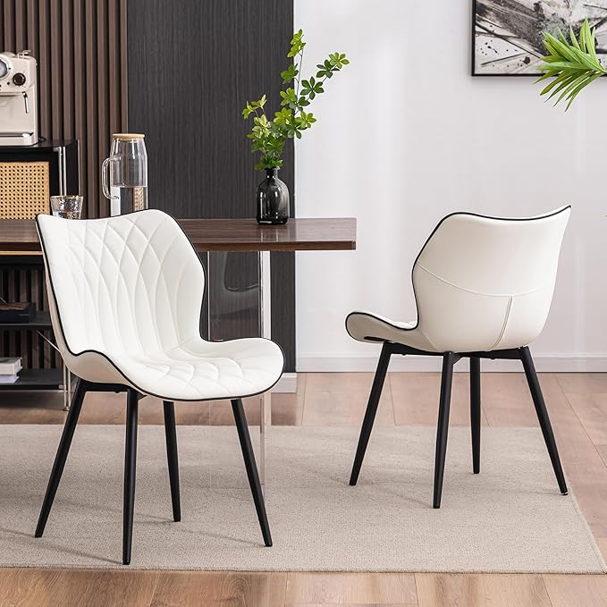 Kidol & Shellder White Dining Chairs Set of 2 Modern Kitchen Chairs with Back Armless Accent Chairs for Living Room Upholstered Faux Leather Chair Mid Century Comfy Side Chair with Metal Legs