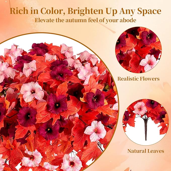 Artificial Fall Fake Flowers Plants for Outdoor Decoration,2 Pcs No Fade Faux Petunias,UV Resistant Realistic Autumn Silk Flowers,for Home Garden Balcony Yard Porch Deco (Dark Red)