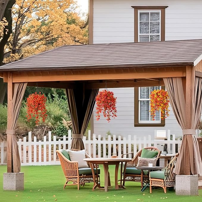 Artificial Fall Flowers for Outdoor, 4 Pcs Faux Pansy Fake Mums Plant Hanging Flowers Outdoor Fall Decor, UV Resistant Silk Flower for Front Door Porch Planter Patio Yard Garden(Orange Autumn Red)