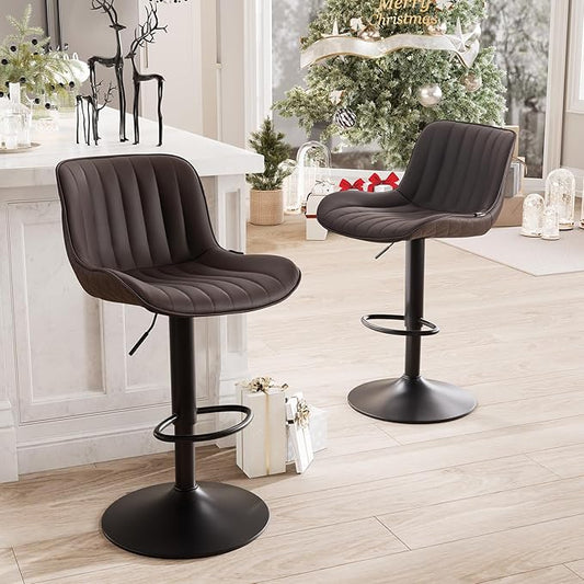 YOUNUOKE Counter Height Bar Stools Set of 2, Adjustable Swivel Stool Chairs with Back, Brown Faux Leather Upholstered, Mid-Century Modern Barstools for Kitchen Island, Dining Room, Home Bar, Bistro