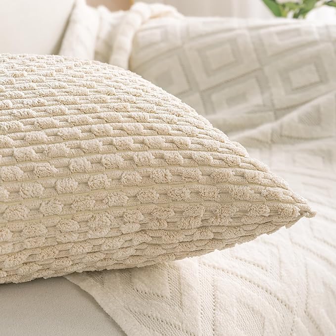 Set of 4 Beige Decorative Throw Pillow Covers 20x20 Inch Corduroy Pillow Covers for Bed Couch Sofa Living Room Soft Square Cushion Cases