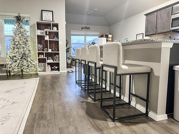 ALPHA HOME 24 Inch Bar Stools Set of 6, Kitchen Counter Stools with Backs, PU Leather Barstools, Kitchen Stools with Back&Upholstered Footrest, Sturdy Chromed Metal Steel Frame, Light Gray