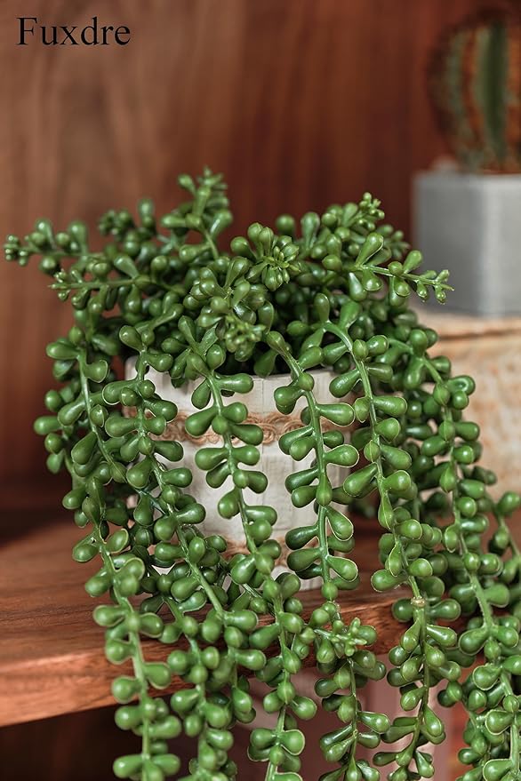 Fake Hanging Plants, 2pcs Artificial Potted Greenery Faux Eucalyptus Vine Fern and String of Pearls in Pot for Home Room Wall Shelf Patio Garden Indoor Outdoor Decor