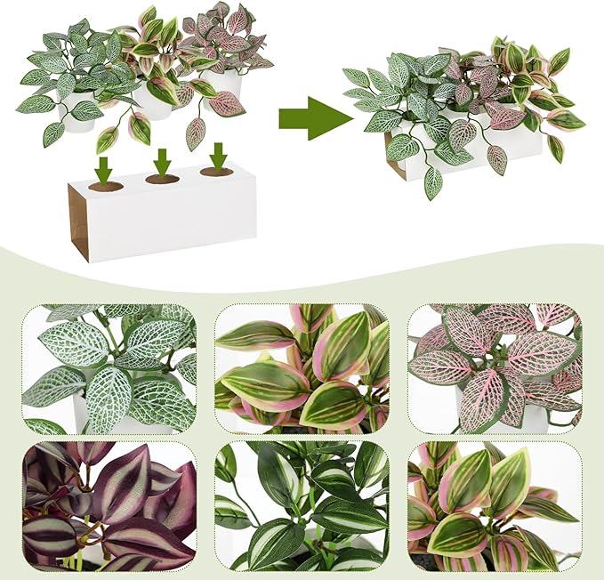 Hollyone Fake Plants 6 Pack Artificial Plants Indoor Faux Plant with White Plastic Pot Small Fake Potted Plant for Home Aesthetic Living Room Bathroom Desk Shelf Office Decor