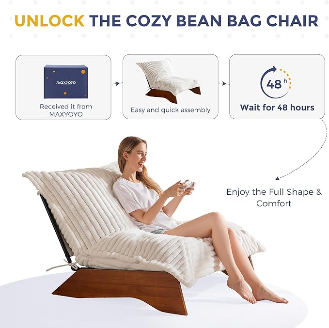 MAXYOYO Adjustable Living Room Chair, 3-Position Bean Bag Chair with Removable Cover, Upholstered Accent Chair with Frame, Soft Reclining Lounge for Bedroom, Apartment, Office, Beige