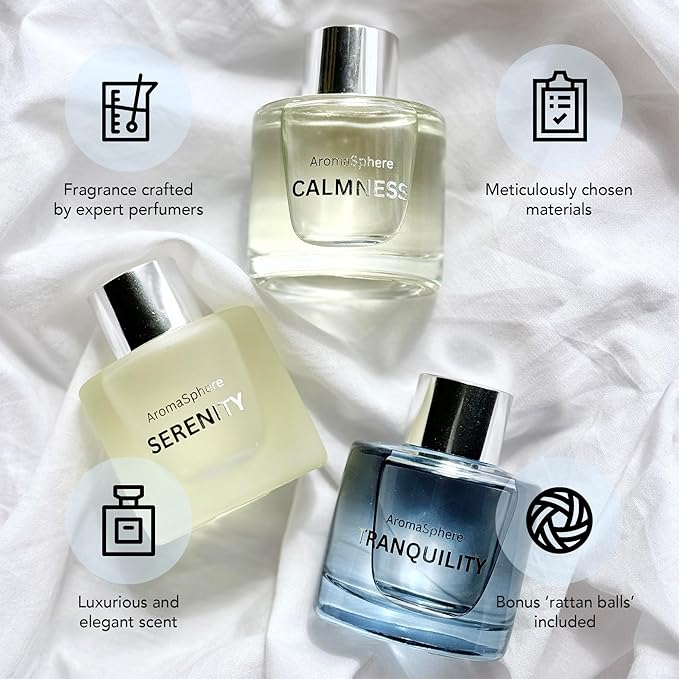 Reed Diffuser Set of 3, Eucalyptus Jasmine Lemongrass Aromatherapy Fragrance Oil | 12 Black Reed Sticks and 6 Rattan Balls, 3 x 50ML | Home, Office, Bathroom, Bedroom Essentials | AromaSphere