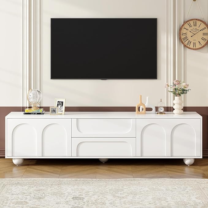 Merax Cream Style TV Stand with Arched Doors & 2 Drawers for TVs up to 75", Minimalist Media Console with Rebound Device, Entertainment Center with 5 Iron Round Legs for Living Room, Bedroom, White
