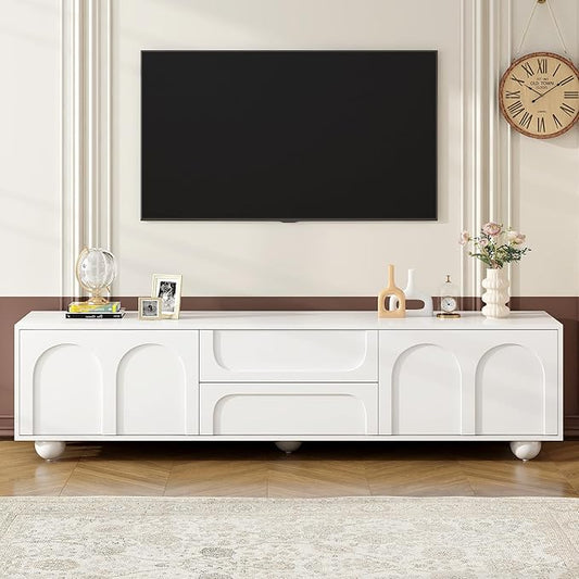 Merax Cream Style TV Stand with Arched Doors & 2 Drawers for TVs up to 75", Minimalist Media Console with Rebound Device, Entertainment Center with 5 Iron Round Legs for Living Room, Bedroom, White