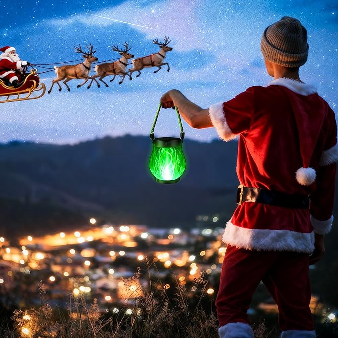 Christmas Solar Flame Lantern Hanging Outdoor Waterproof Purple - 2 Pack Flame Lanterns with Dual Charging Modes of Solar & USB for Garden or Yard Decorations (Green - 2 Pack)