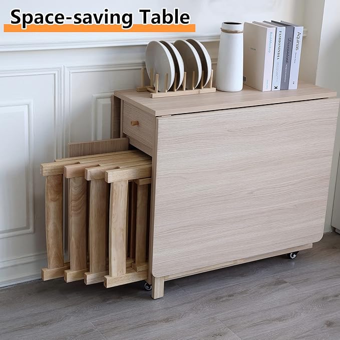 Extendable Drop Leaf Folding Dining Table with 2 Drawers and 4 Wheels for Living Room Kitchen Farmhouse Space Saving Table in Wood Color