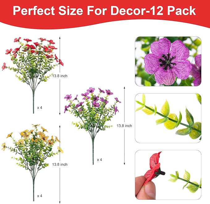 Fall Mums Artificial Flowers for Outdoors Potted, 12 Bundles Fake Fall Daisy Flower with Realistic Eucalyptus Leaves, Fake Plants for Greenery Boxwood Porch Patio Garden Pot Lawn(Red Purple Yellow)