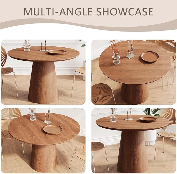 43'' Round Dining Table for 4, Modern Wood Farmhouse Kitchen Table with Sturdy Cylindrical Pedastal, Dinner Tables for Dining Room, Living Room Walnut